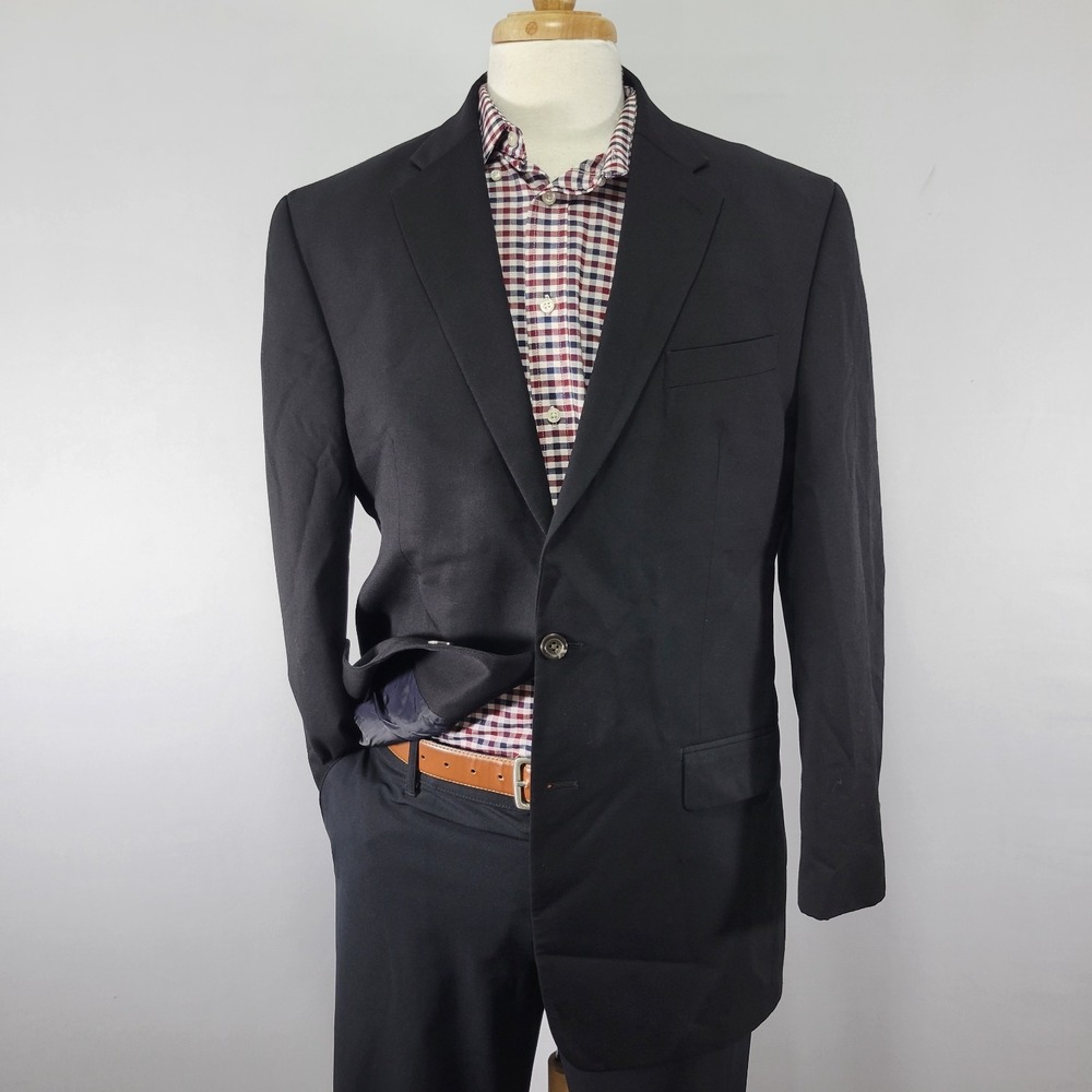 Chaps Men's Sport Coat Blazer Two Button Solid‎ Black Twill Wool Size 42L